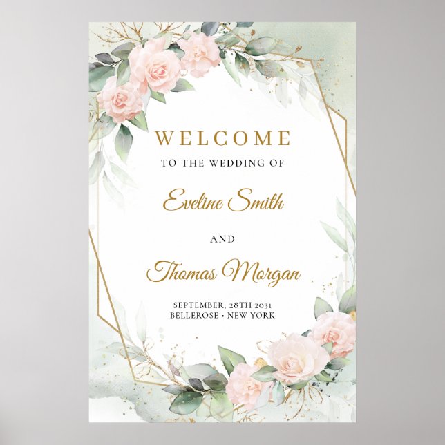 Póster Bienvenida boda rosas de Rubor verde marco dorado (Frente)
