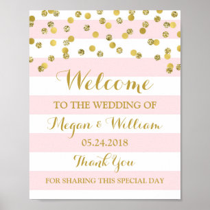 Póster Bienvenida Boda Rótulo Bandas rosadas Gold Confett