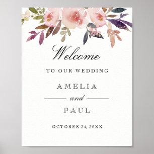 Póster Bienvenida Boda Rótulo Pink Watercolor Peonies