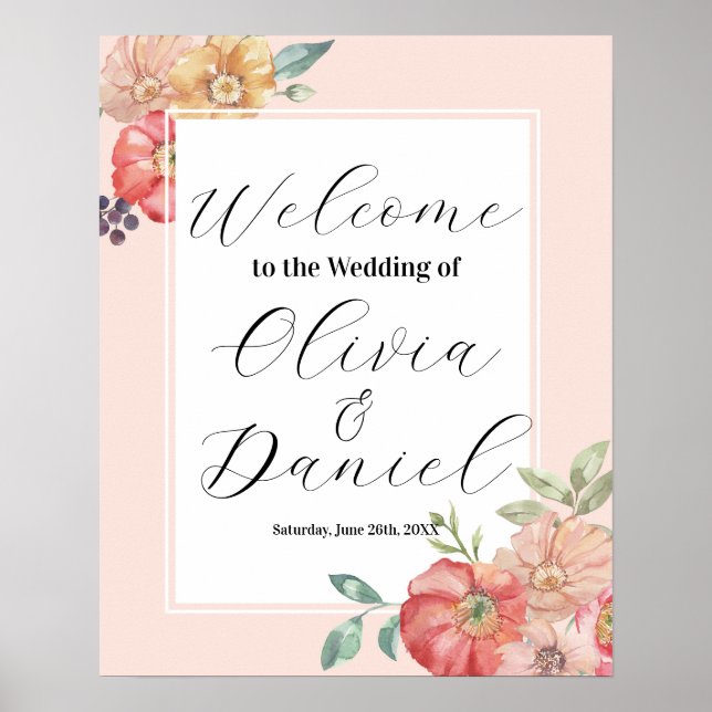Póster Bienvenida Boda Rótulo Poster Watercolor Florals (Frente)