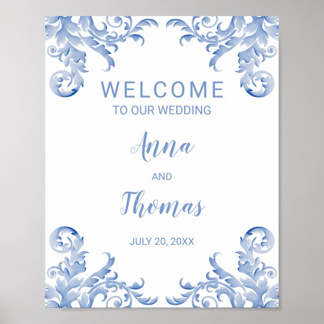 Póster Bienvenida Boda Rótulo Royal Blue Flourier (Frente)