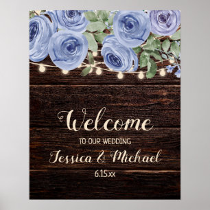 Póster Bienvenida boda Rustic Wood Blue Floral String