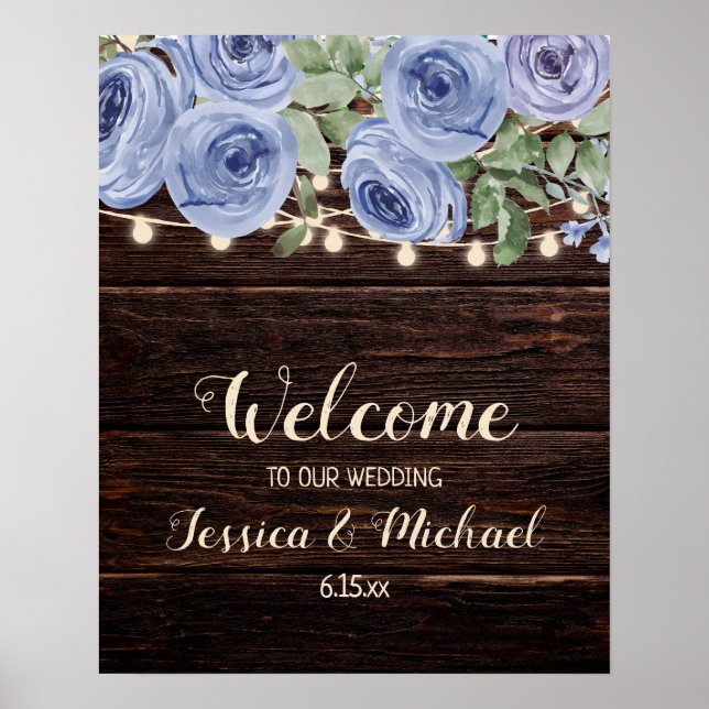 Póster Bienvenida boda Rustic Wood Blue Floral String (Frente)