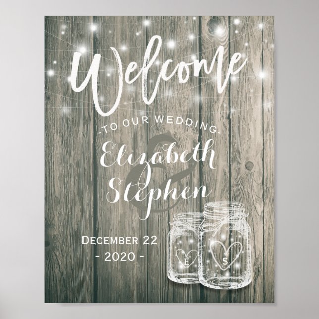 Póster Bienvenida boda Rustic Wood Mason Jar String Light (Frente)