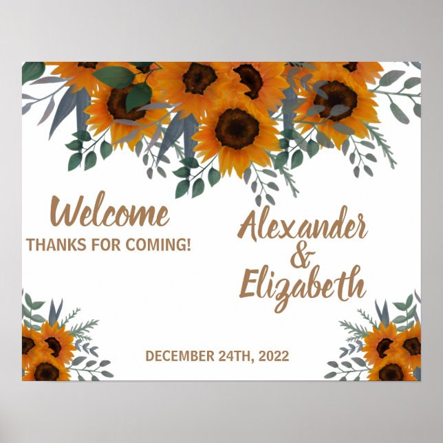 Póster Bienvenida Boda Sunflower Greenery Poster (Frente)