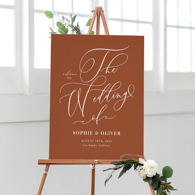 Póster Bienvenida Boda Terracotta de caligrafía caprichos (Customizable Boho Terracotta Whimsical Calligraphy Wedding Welcome Sign)