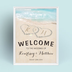 Póster Bienvenida Boda Tropical Vintage Beach Heart Shore