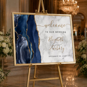 Póster Bienvenida Bodas de Mármol Azul Marino Ágata Dorad