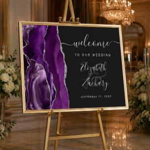 Póster Bienvenida Bodas Elegante Agata Morado Plata Oscur