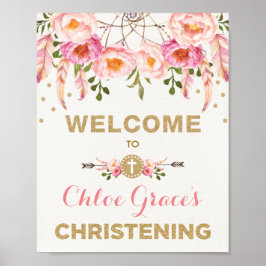Póster Bienvenida Bohemia Floral Christening Rosa & Gold
