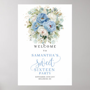 Póster Bienvenida Boho Blue Peonies Gold Sweet Sixteen