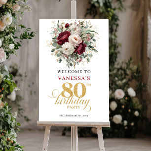 Póster Bienvenida Boho Chic Burgundy Floral 80 cumpleaños