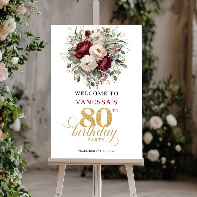 Póster Bienvenida Boho Chic Burgundy Floral 80 cumpleaños (Chic Boho Burgundy Floral 80th Birthday Welcome Poster)
