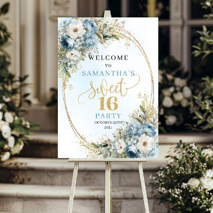 Póster Bienvenida Boho Dusty Blue Floral Gold Dulces 16