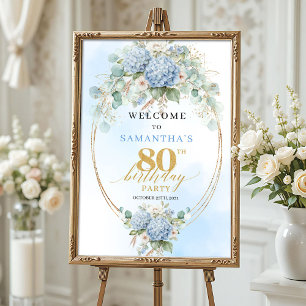 Póster Bienvenida Boho Hortensias Polvo Dorado Azul 80 cu
