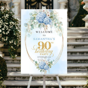 Póster Bienvenida boho rústica cumpleaños 90 con hortensi