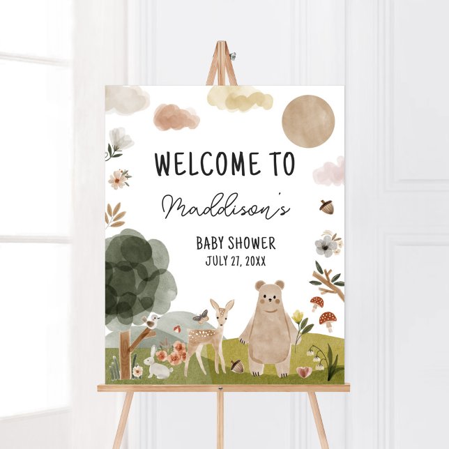 Póster Bienvenida Boho Woodland Baby Shower Boho Woodland (Boho Woodland Animals Baby Shower Welcome Sign)