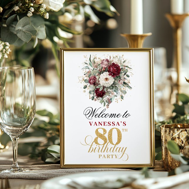 Póster Bienvenida borgoña rubor bohemio 80 cumpleaños 8x1 (Bohemian blush burgundy 80th birthday 8x10 welcome sign)