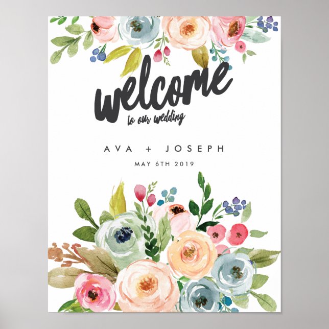 PÓSTER BIENVENIDA BOTÁNICA BRILLANTE A NUESTRO BODA-GRAY (Frente)
