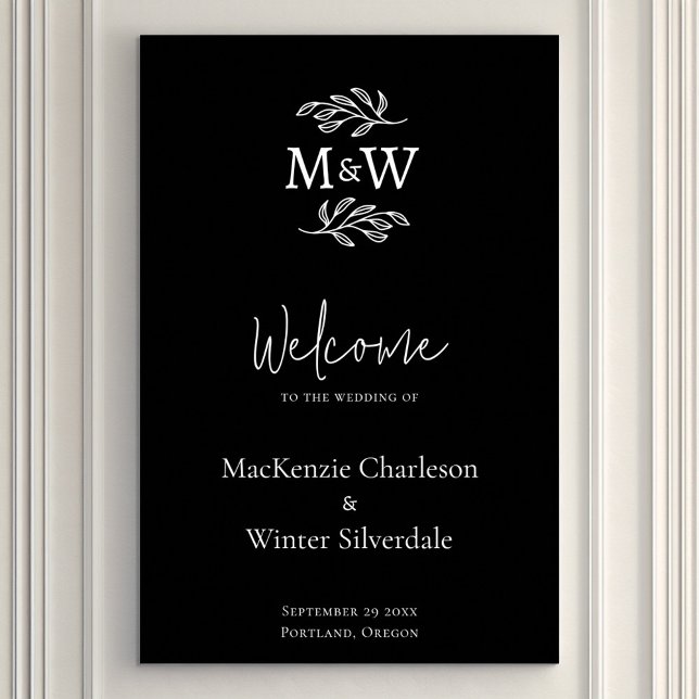 Póster Bienvenida botánica de las Iniciales de Monograma  (Modern minimalist wedding couple monogram initial wedding welcome sign)