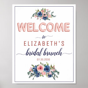 Póster Bienvenida Brunch Nupcial Floral Rosa Navy Rosa Or