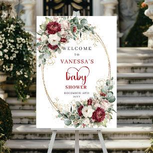 Póster Bienvenida Burgundy Floral Eucalipto Dorado Shower