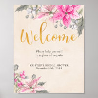 Bienvenida Caligrafía Poinsettia Rosa Mesa de Bebi