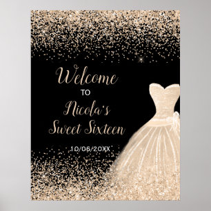 Póster Bienvenida Champán Vestido Faux Purpurina Sweet 16