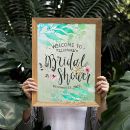 Póster Bienvenida Chic de Boda con Hojas Acuarela Verde