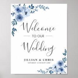 Póster bienvenida con boda floral azul polvoriento