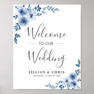 Póster bienvenida con boda floral azul polvoriento