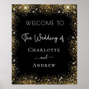 Póster bienvenida con brillantes de oro negro boda