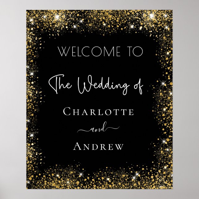 Póster bienvenida con brillantes de oro negro boda (Frente)