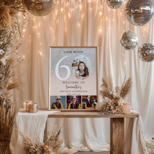 Póster Bienvenida con brillo chic plateado para 60 cumple (Silver chic glitter 60th Birthday 4 Photo Welcome Poster)