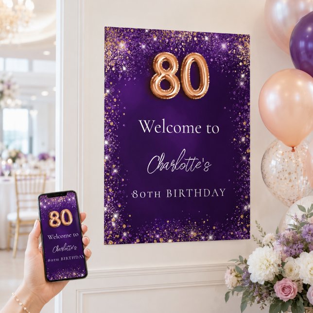 Póster bienvenida con destellos púrpura por 80 cumpleaños (Subido por el creador)