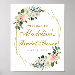 Póster Bienvenida con flores de marco dorado Rubor rosa c