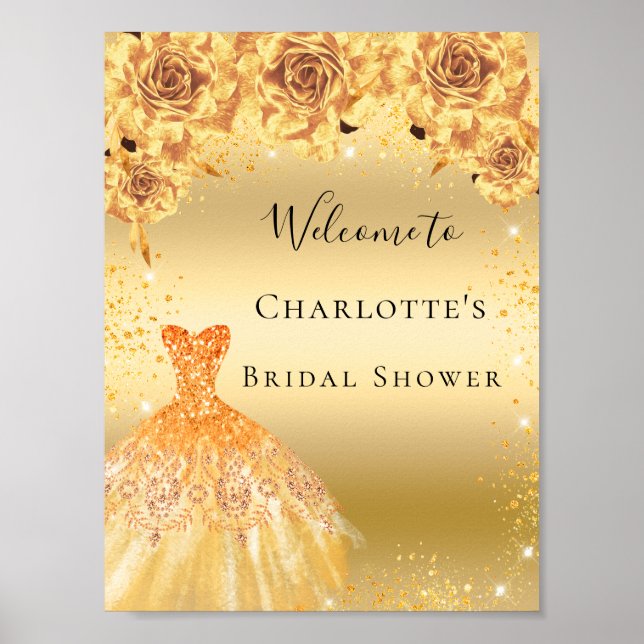 Póster Bienvenida con flores de vestido de brillo dorado  (Frente)