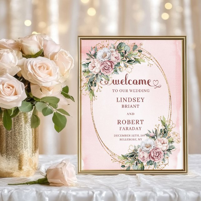 Póster Bienvenida con flores rosadas y brillo dorado mode (Modern Blush Pink Floral Gold Glitter Welcome)