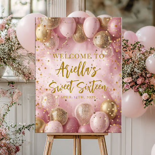 Póster Bienvenida con globos rosados y dorados para dulce