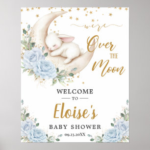 Póster Bienvenida Conejo Floral Azul para Baby Shower
