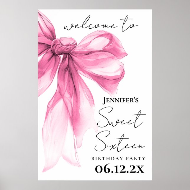 Póster Bienvenida Coquette Pink Bow Script Fiesta de Swee (Frente)