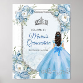 Póster Bienvenida Corona de Plata Floral Azul Quinceañera