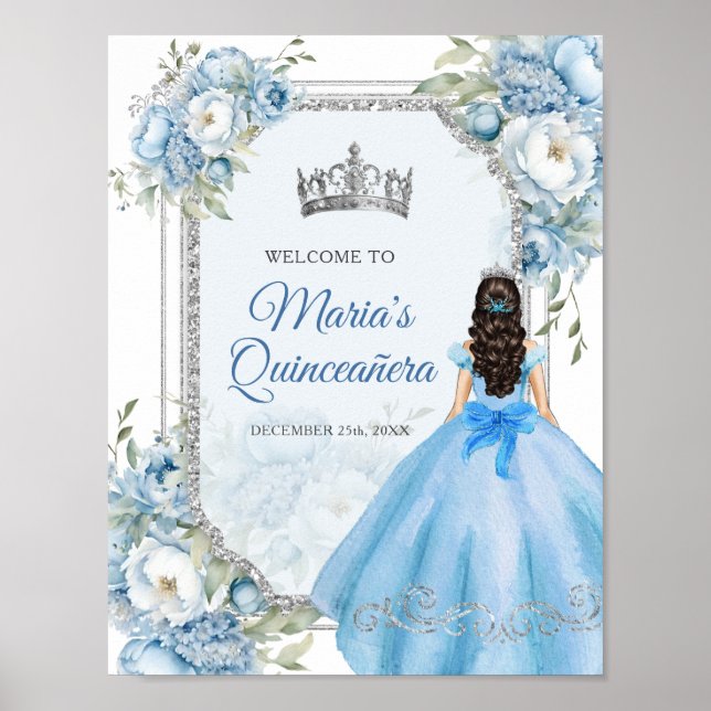 Póster Bienvenida Corona de Plata Floral Azul Quinceañera (Frente)