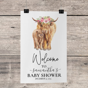 Póster Bienvenida cría de vaca Highland Shower de bebé