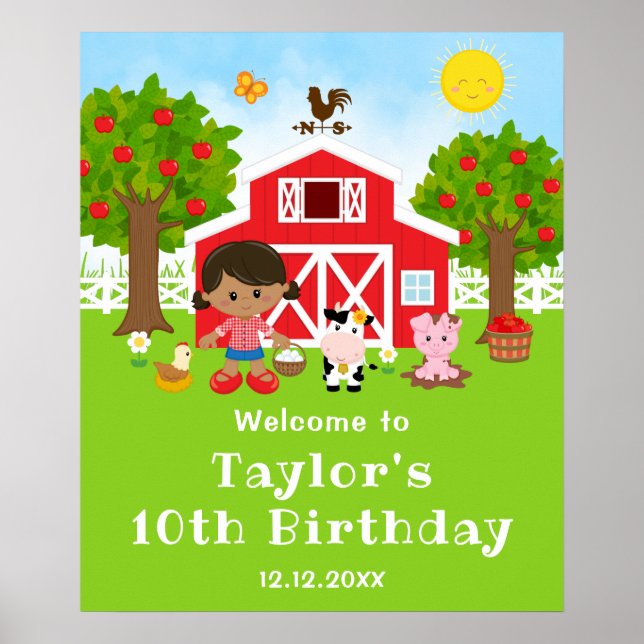 Póster Bienvenida cumpleañera niña afroamericana granja (Frente)