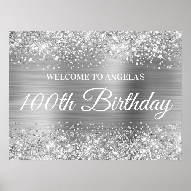 Póster Bienvenida Cumpleaños 100 años Brillo y Hoja de Pl (Frente)