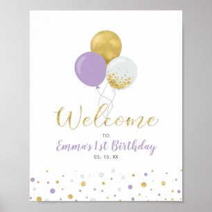 Póster Bienvenida Cumpleaños 1 año Niña Globos Dorados y 