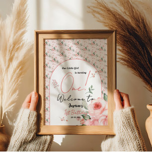 Póster Bienvenida Cumpleaños 1 año Rosa Acuarela Elegante