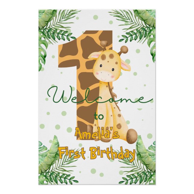Póster Bienvenida Cumpleaños 1 de Jirafa Adorable (Anverso)