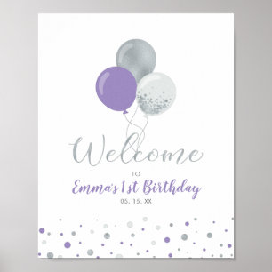 Póster Bienvenida Cumpleaños 1er año Niña Globos Plateado